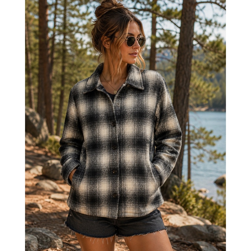 Evan Picone Women's Size 10 Black White Plaid Wool Blend Jacket Shacket Coat